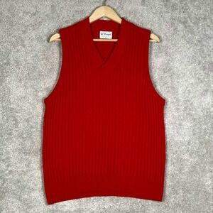 VTG 70s Donegal V-Neck Sweater Vest Red Ribbed Acrylic Womens Medium Grandma